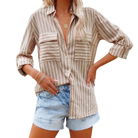 Striped Beige Blouse for Women - Picture 1 of 7